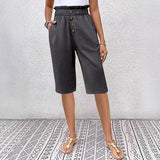 Women’s Linen Shorts – High Waist Paperbag – Relaxed Fit – Button Front – Knee Length