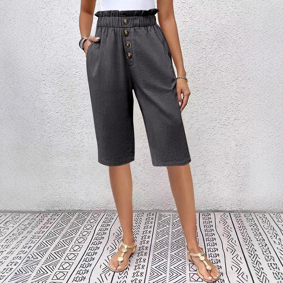 Women’s Linen Shorts – High Waist Paperbag – Relaxed Fit – Button Front – Knee Length