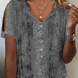 Women’s Blouse – Relaxed Fit – V-Neck Button Front – Embroidered Boho Style – Breathable Blend