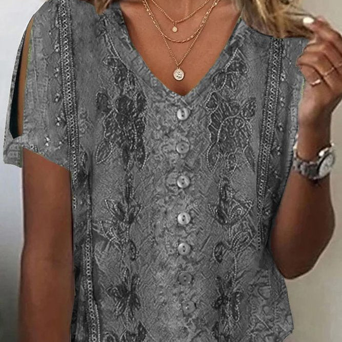 Women’s Blouse – Relaxed Fit – V-Neck Button Front – Embroidered Boho Style – Breathable Blend