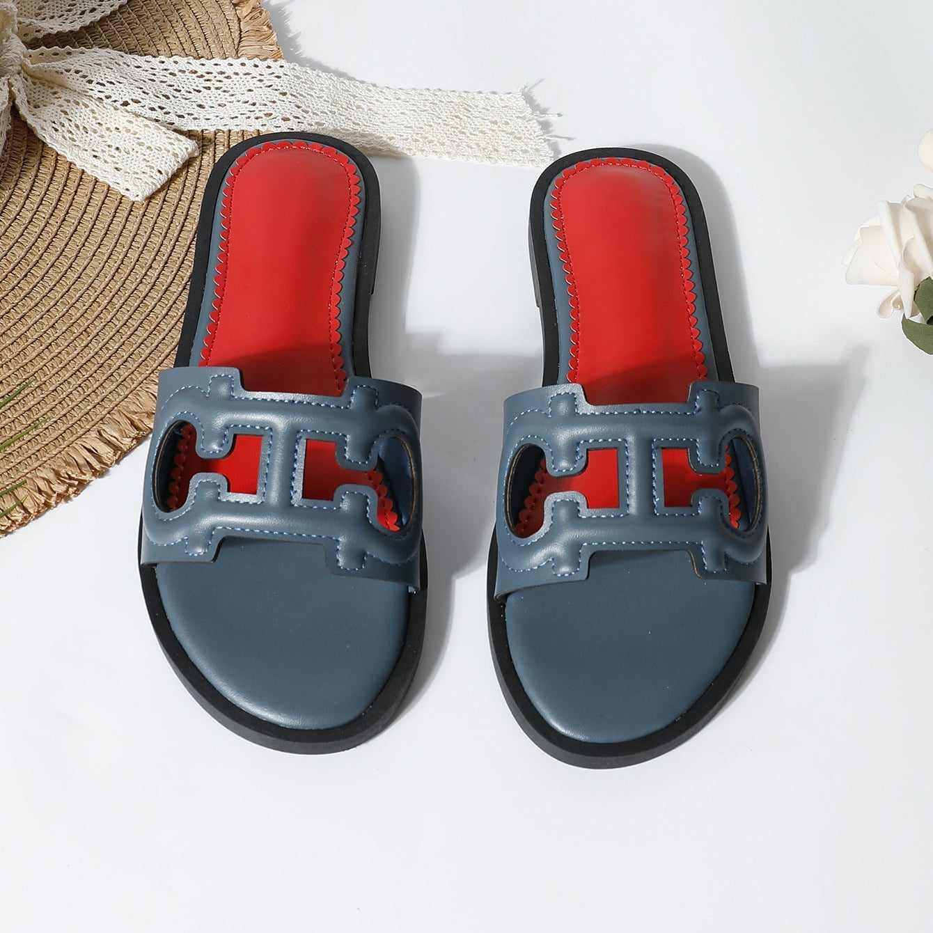 Women’s Flat Sandals – Faux Leather – Cut-Out Strap – Slip-On Open Toe Casual Fit