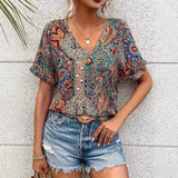 Women’s Blouse – Relaxed Fit – V-Neck – Batwing Sleeve – Boho Print – Breathable Blend