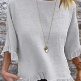Women’s Blouse – Cotton Linen – Relaxed Fit – Short Sleeve – Ruffle Hem – Round Neck