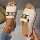 Women’s Wedge Sandals – Open Toe – Cushioned Insole – Metallic Buckle – Sleek Finish