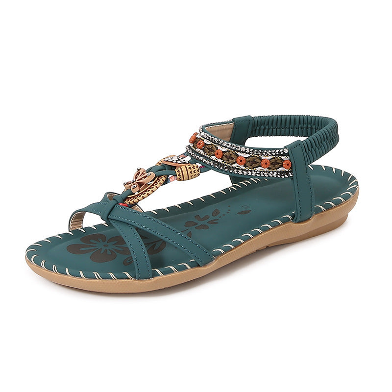 Women’s Flat Sandals – Open Toe – Boho Braided Straps – Rhinestone Detail – Comfy Fit
