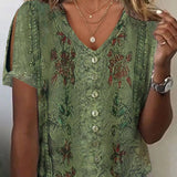 Women’s Blouse – Relaxed Fit – V-Neck Button Front – Embroidered Boho Style – Breathable Blend