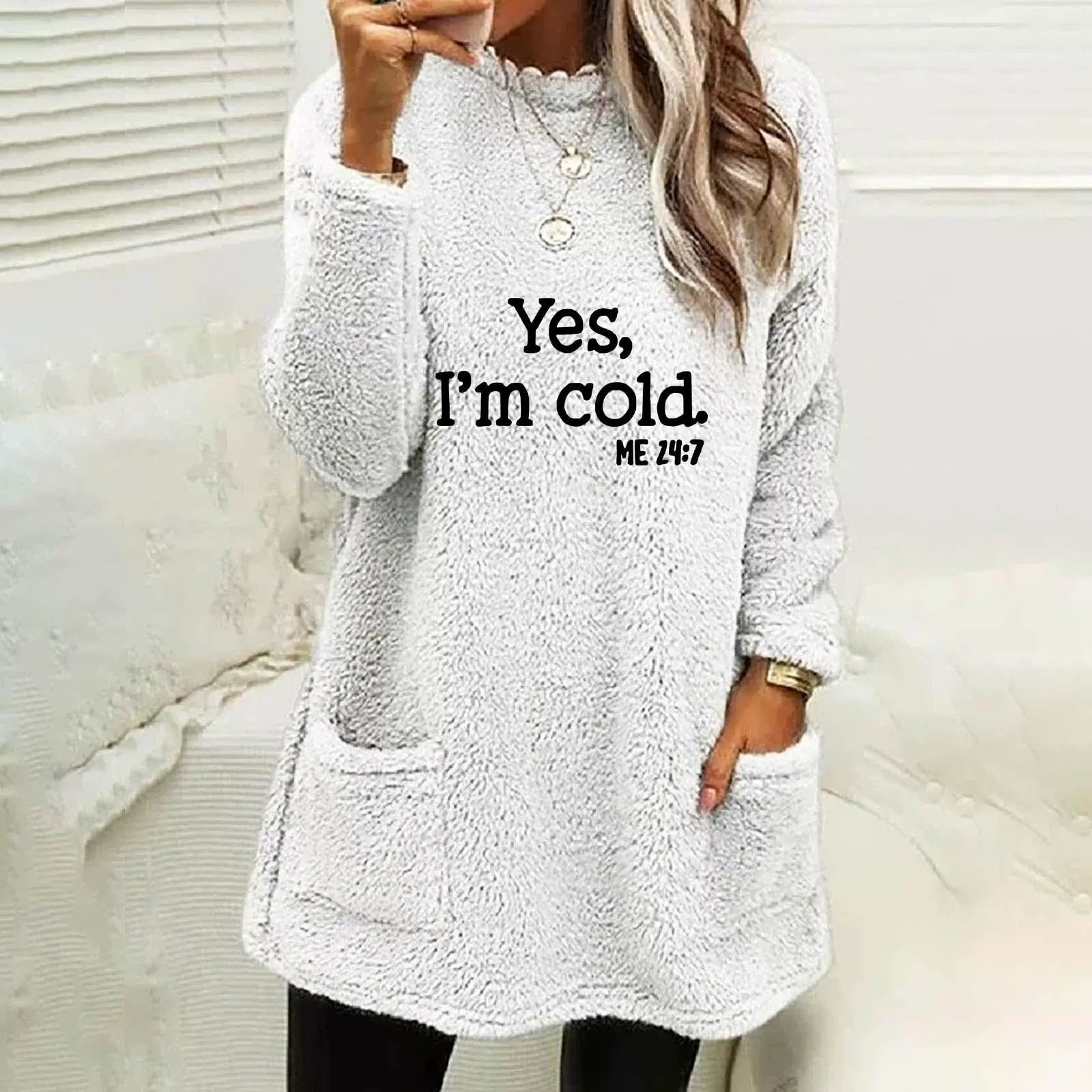 Women’s Oversized Sweatshirt – Double-Sided Fleece – Letter Print – Side Pockets – Long Sleeve