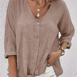 Women’s Blouse – Linen – Relaxed Fit – V-Neck – Button-Down – 3/4 Sleeve