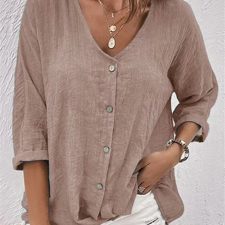 Women’s Blouse – Linen – Relaxed Fit – V-Neck – Button-Down – 3/4 Sleeve
