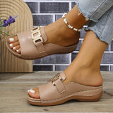 Women’s Wedge Sandals – Open Toe – Cushioned Insole – Metallic Buckle – Sleek Finish