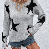 Women’s Pullover Sweater – Knitted Fabric – Loose Fit – Star Pattern – Long Sleeve Casual
