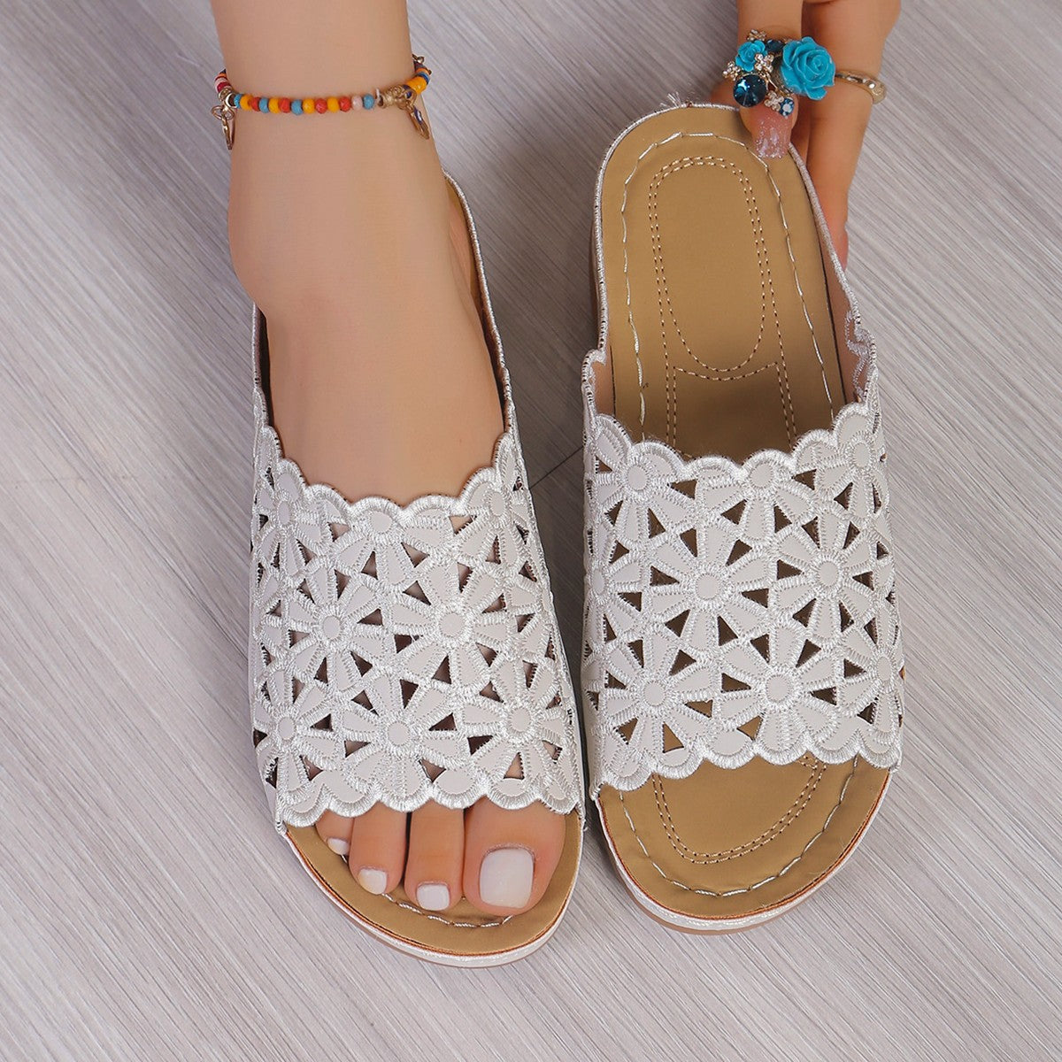 Women’s Slide Sandals – Floral Cut-Out Strap – Low Heel – Breathable Knit Design