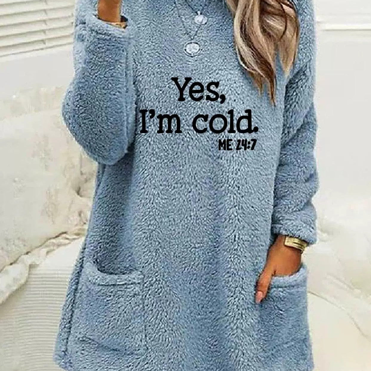 Women’s Oversized Sweatshirt – Double-Sided Fleece – Letter Print – Side Pockets – Long Sleeve