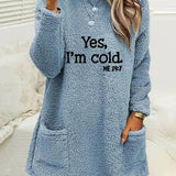 Women’s Oversized Sweatshirt – Double-Sided Fleece – Letter Print – Side Pockets – Long Sleeve