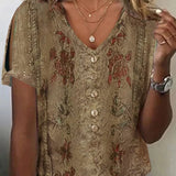 Women’s Blouse – Relaxed Fit – V-Neck Button Front – Embroidered Boho Style – Breathable Blend
