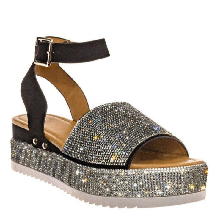 Women’s Platform Sandals – Rhinestone Embellished – Chunky Sole – Buckle Strap – Open Toe