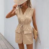 Women’s Romper – Lightweight Breathable Fabric – V-Neck – Drawstring Waist – Sleeveless