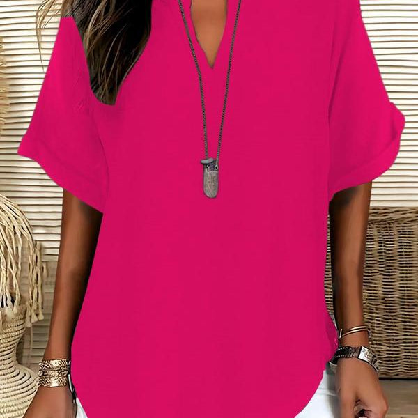 Women’s Blouse – Relaxed Fit – V-Neck – Short Sleeve – Natural Fibers – Hip Length