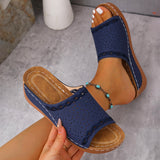 Women’s Wedge Sandals – Slip-On – Perforated Strap – Scalloped Detail – Open Toe