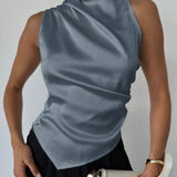 Women’s Sleeveless Blouse – Luxury Fabric – Slim Fit – High Neck – Draped Front