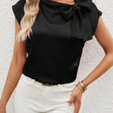Women’s Satin Blouse – Relaxed Fit – Half Collar – Bow Neck – Cap Sleeve Elegant Top