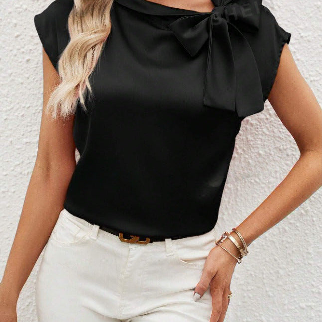 Women’s Satin Blouse – Relaxed Fit – Half Collar – Bow Neck – Cap Sleeve Elegant Top