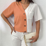 Women’s Blouse – Relaxed Fit – V-Neck – Short Sleeve – Colorblock – Button Detail
