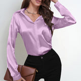 Women’s Blouse – Satin – Relaxed Fit – Long Sleeve V-Neck Button-Down