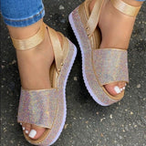 Women’s Platform Sandals – Rhinestone Embellished – Chunky Sole – Buckle Strap – Open Toe