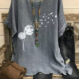 Women’s Blouse – Relaxed Fit – Lightweight Cotton – Round Neck – Half Sleeve – Tunic Length – Dandelion Print