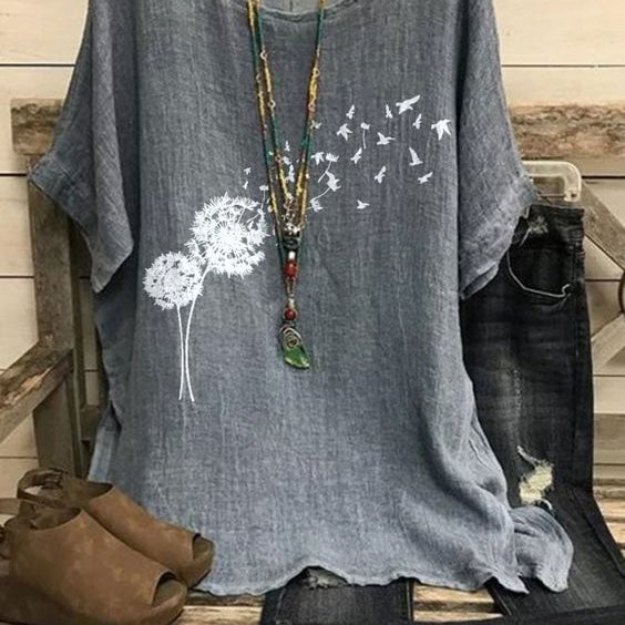 Women’s Blouse – Relaxed Fit – Lightweight Cotton – Round Neck – Half Sleeve – Tunic Length – Dandelion Print