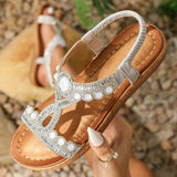 Women’s Thong Sandals – Flat Sole – Cushioned Footbed – Boho Crystal Embellished