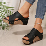Women’s Wedge Sandals – Peep Toe – Platform Heel – Distressed Look – Rivet Detail