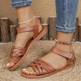 Women's Flat Sandals – Faux Leather – Cross Strap – Buckle Ankle – Open Toe