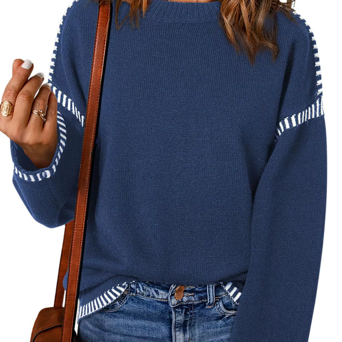 Women’s Sweater – Loose Fit Cable Knit – Round Neck – Long Sleeve with Stripe Trim