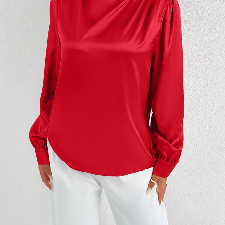 Women’s Satin Blouse – Relaxed Fit – High Neck – Long Sleeve – Minimalist Elegant Style