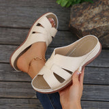 Women’s Wedge Slide Sandals – Faux Leather – Open Toe – Cut-Out – Casual Comfort