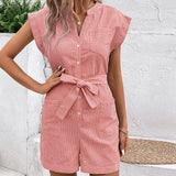 Women’s Short Sleeve Romper – Button Front – Fine Stripe – Waist Tie – Side Pockets