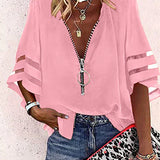 Women’s Zip-Up Blouse – Relaxed Fit – Slit Elbow Sleeves – V-Neck