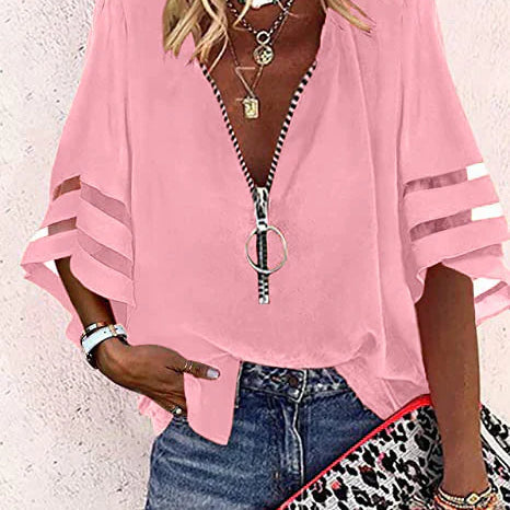 Women’s Zip-Up Blouse – Relaxed Fit – Slit Elbow Sleeves – V-Neck