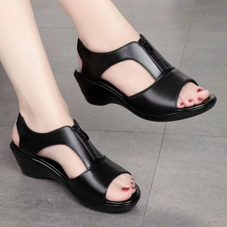 Women’s Wedge Sandals – Faux Leather – Open Toe – Zipper Front – Cut-Out Design
