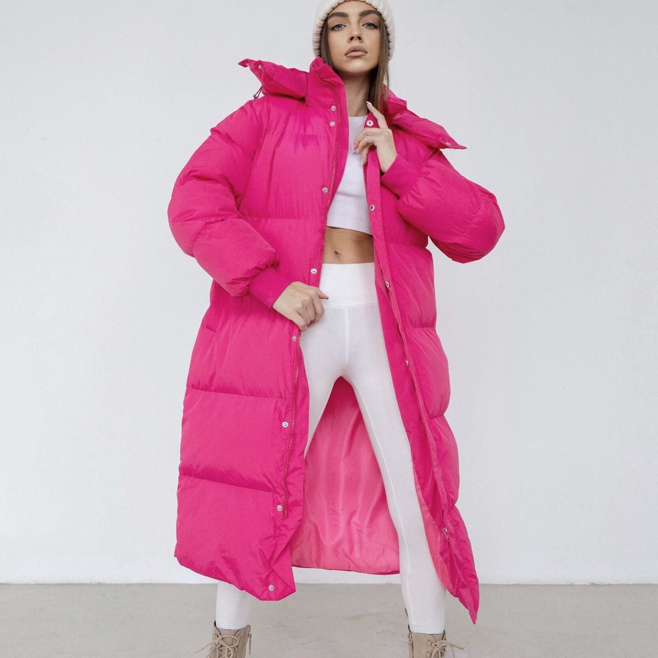 Women’s Long Puffer Trench Coat – Oversized Fit – Quilted Insulated – Hooded Zip Closure