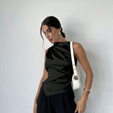 Women’s Sleeveless Blouse – Luxury Fabric – Slim Fit – High Neck – Draped Front