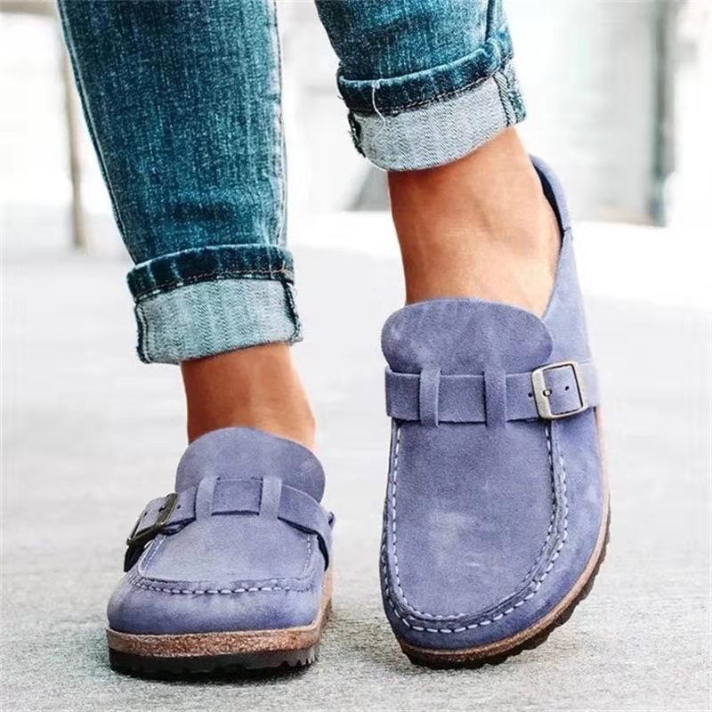 Women’s Mule Sandals – Suede-Like Upper – Buckle Strap – Low Heel Slip-On Comfort