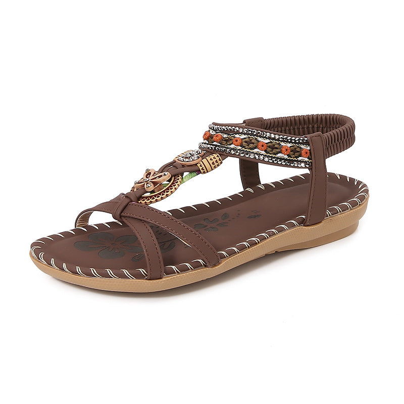 Women’s Flat Sandals – Open Toe – Boho Braided Straps – Rhinestone Detail – Comfy Fit