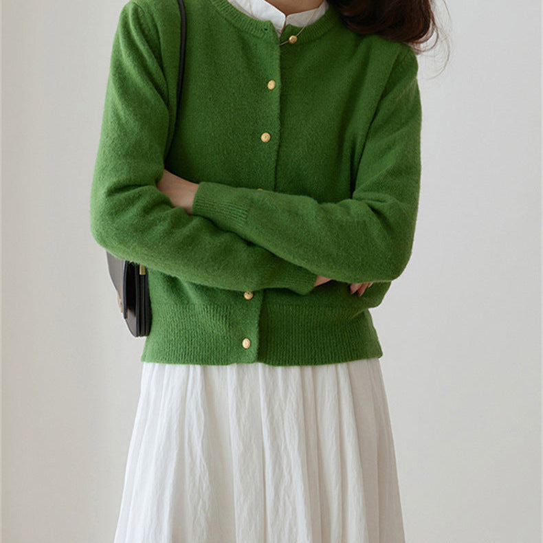 Women's Knitted Cardigan - Retro Round Neck - Small Gold Button Detail