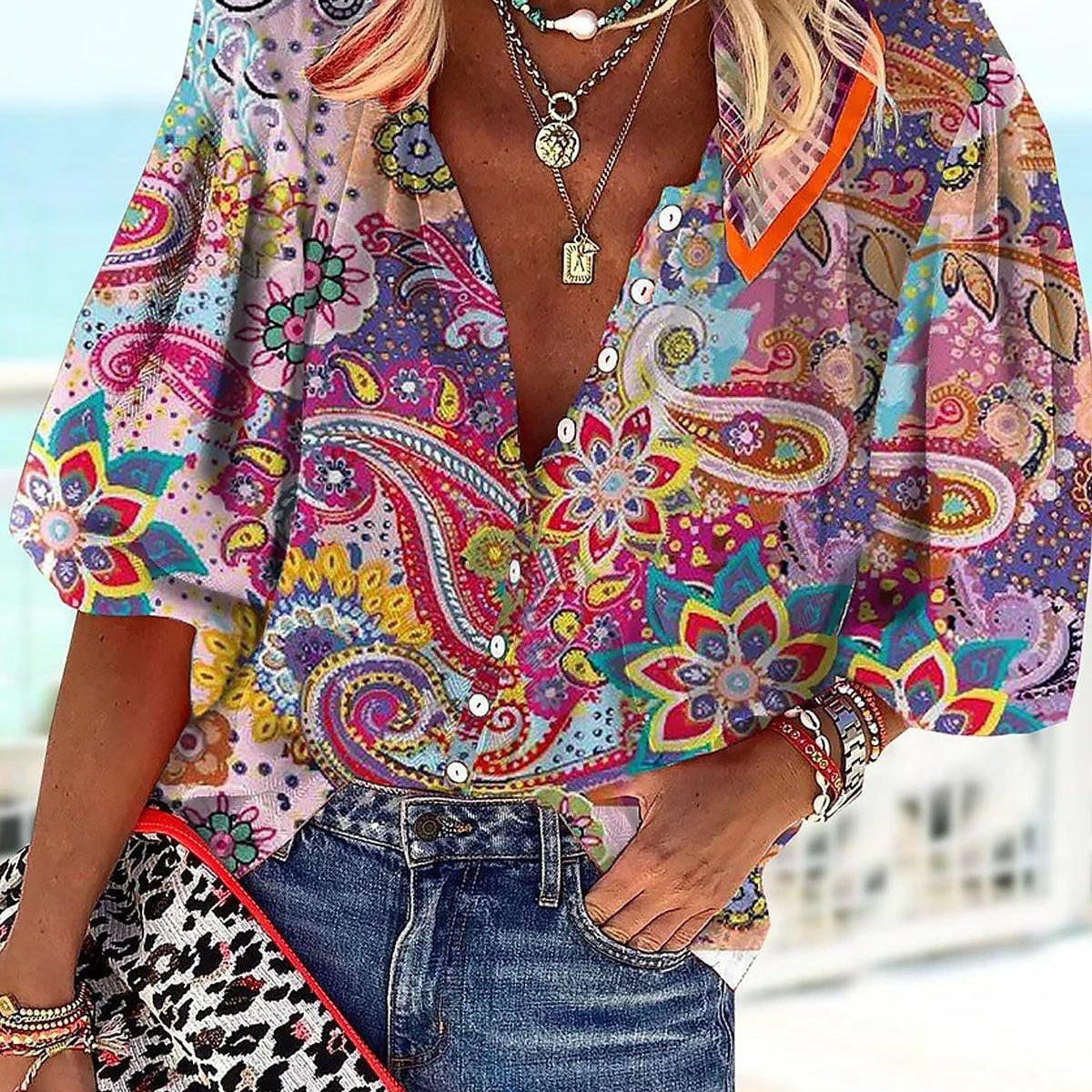 Women's Printed Boho Long Sleeve Tunic Blouse