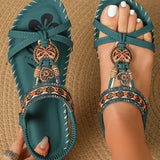 Women’s Flat Sandals – Open Toe – Boho Braided Straps – Rhinestone Detail – Comfy Fit