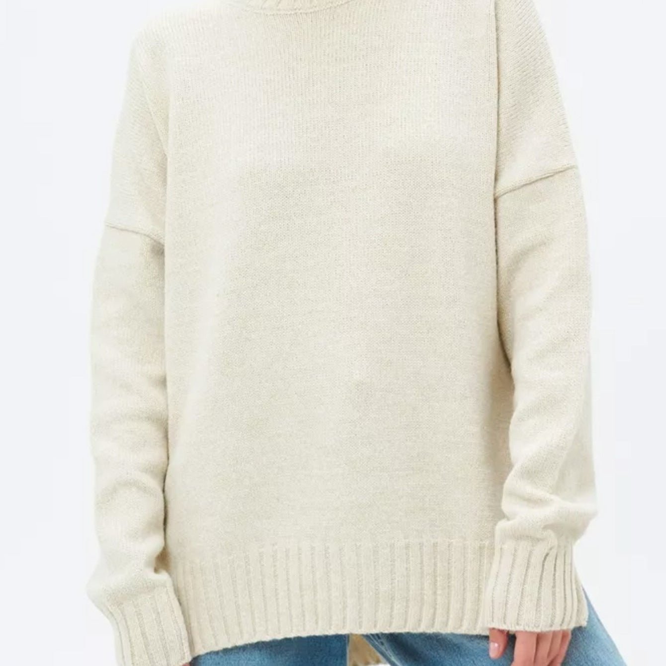Women’s Pullover Sweater – Oversized Fit – Ribbed Knit – Semi-High Neck – Dropped Shoulder