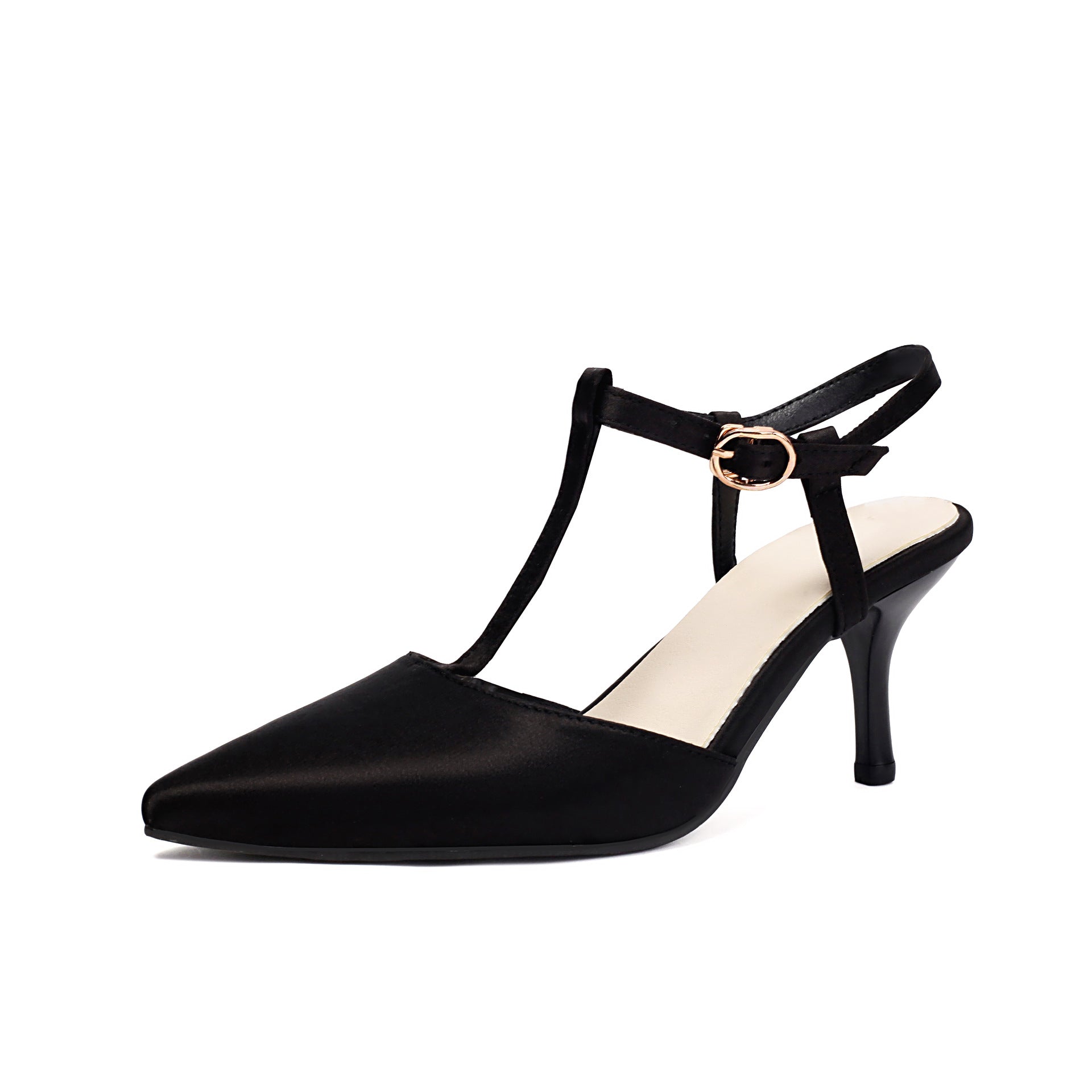 Women’s High Heel Sandals – Pointed Toe – T-Strap – Slim Fit Faux Leather
